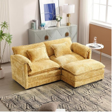 Living Room Sofa, Modern Minimalist Two-Seater Sofa with Footrest, Chenille Fabric, Side Storage Compartments and Cushions, Comfortable and Spacious, Suitable for Living Room, Office, 195 x 115 x 81