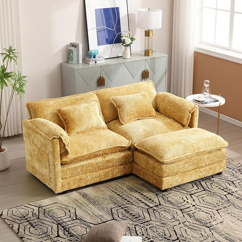 Living Room Sofa, Modern Minimalist Two-Seater Sofa with Footrest, Chenille Fabric, Side Storage Compartments and Cushions, Comfortable and Spacious, Suitable for Living Room, Office, 195 x 115 x 81