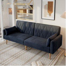 Rtopsu 2-Seater Sofa with Sleep Function, 180 x 75 x 82 cm, Sofa Bed with Adjustable Backrest and Armrests, Small Velvet Fabric Sofa for Living Room, Dark Grey