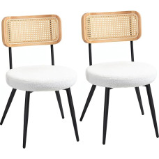 HOMCOM Set of 2 Bohemian Dining Room Chairs with Rattan Backrest, Padded Seat and Metal Legs for Living Room, Dining Room, Bedroom, White
