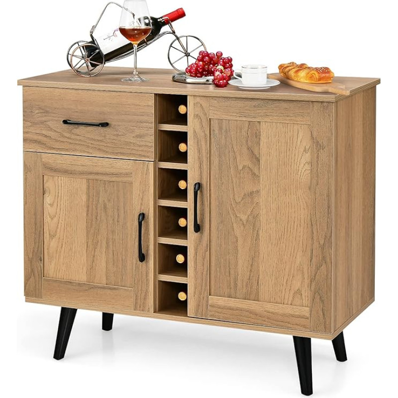 GOFLAME Sideboard Buffet Cabinet, Farmhouse Wine Bar Cabinet with 6 Bottles Wine Rack, Extendable Drawer & Adjustable Shelves, Versatile Buffet Storage Cabinet for Kitchen & Living Room