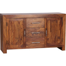 Wohnling Sideboard Solid Wood Sheesham Chest of Drawers 118 cm 3 Drawers 2 Doors Design Highboard Country House Style Brown Natural
