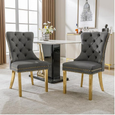 Merax Dining Chairs Set of 2 High Back Comfortable Upholstery Vintage Velvet Seat with Button Decoration Office Kitchen Bedroom Metal Support Legs Grey Gold