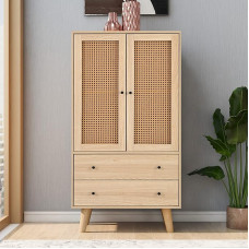 LERFAN Sideboard Wooden Chest of Drawers Standing Cabinet with Two Doors Made of Rattan Fabric and Two Drawers for Storage, Large Storage Space for Dining Room, Living Room, Bedroom, W 60 x D 40 x H