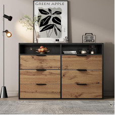 BTM Chest of Drawers Sideboard Made of Amber Glass, Sideboard with Metal Handles, Chest of Drawers with 6 Drawers and 2 Compartments, Tilt-Proof, 120 x 40 x 80 cm, Oak