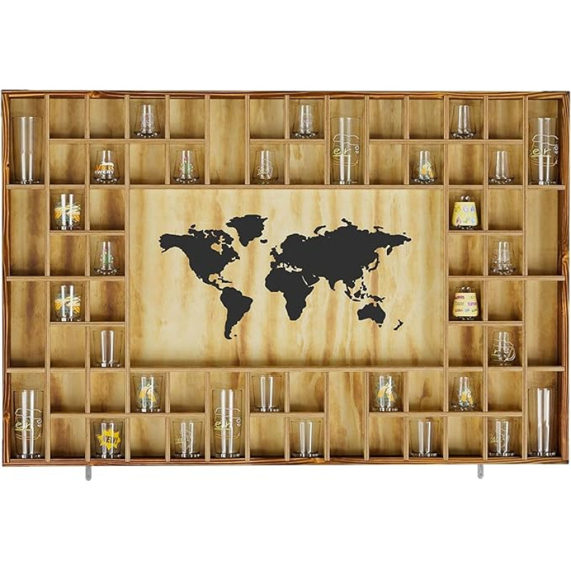 foriy 68 Schnapsglas-Vitrine, große Weltkarte, große Kapazität, Schnapsglashalter, 94 x 62 cm, rustikales Holzglasregal für 2 Größen, Schnapsglas, Wandhalterung, Schnapsglasaufbewahrung für Bar