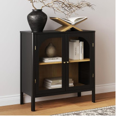 Nathan James Mason Storage Cabinet, Free Standing Accent Sideboard Buffet Credenza with Glass Doors and Adjustable Black Oak Shelf for Dining Room, Entryway and Living Room,
