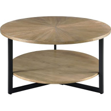 MODERION Solid Wood Round Coffee Table with 2-Tier Storage Rack Tea Table Side Table Sofa Table with Metal Legs Durable Steel Frame for Living Room 85 x 85 x 45.5 cm (Light Brown)