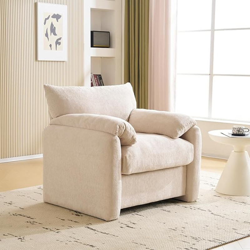 Merax Small Single Sofa for Bedroom, Armchair Living Room with Thick Cushions, Modern Padded Accent Chair, Mini Sofa for Living Room/Bedroom/Apartment, Beige