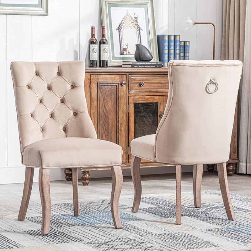 Dolamaní Beige Dining Room Chairs, Luxuriously Soft and Comfortable, 47 cm x 51 cm x 97 cm, Dining Table Chairs, Chair with High Back Made of Velvet and Solid Wood Button Stitching (2)