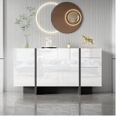 BTM White High Gloss Sideboard Modern Simple Sideboard with 2 Doors and 4 Drawers Easy Clean Ideal for Living Room or Dining Room