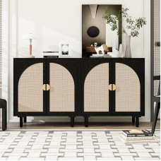vistavie 2er Set Rattan Buffet 2-türiger Schrank mit Stauraum, Sideboard Aufbewahrungsschrank mit 1 verstellbaren Innenablagen, Akzentholzschrank für Wohnzimmer, Eingang, Flur, Esszimmer (Schwarz)