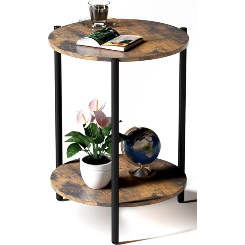 Kasrikly Round Side Table 40cm 2 Tier Round with Storage Wooden Rustic Small Side Tables Farmhouse Side Table for Living Room Bedroom Balcony Small Spaces