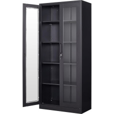PEUKC Black Glass Door Display Cabinet with 4 Adjustable Shelves and Lock for Home, Office, Clinic, Pantry, Assembly Required