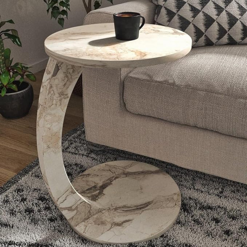Furpinea C-Shaped Side Table for Couch Small Places Faux Marble White Space Saving Round Side Table for Sofa and Bedside Table with Wheels, Coffee and Snack Time Tray for Living Room (White