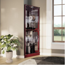 Belleze Curio Cabinet with Tempered Glass Lighting with Shelves, 2 Colours (Cherry and Walnut) Woody Curio Cabinet Cherry