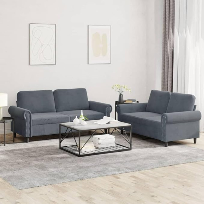Qnhdfrt Dunkelgraue Samt Sofagarnitur mit Kissen – 2-Sitzer Sofas (120cm & 140cm) für Wohnzimmer und Lounge