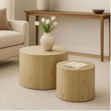 WILLIAMSPACE Wooden Coffee Table Round Round Modern Table for Small Spaces Living Room Bedroom Accent Side Table Wood Color Round 2 Pack