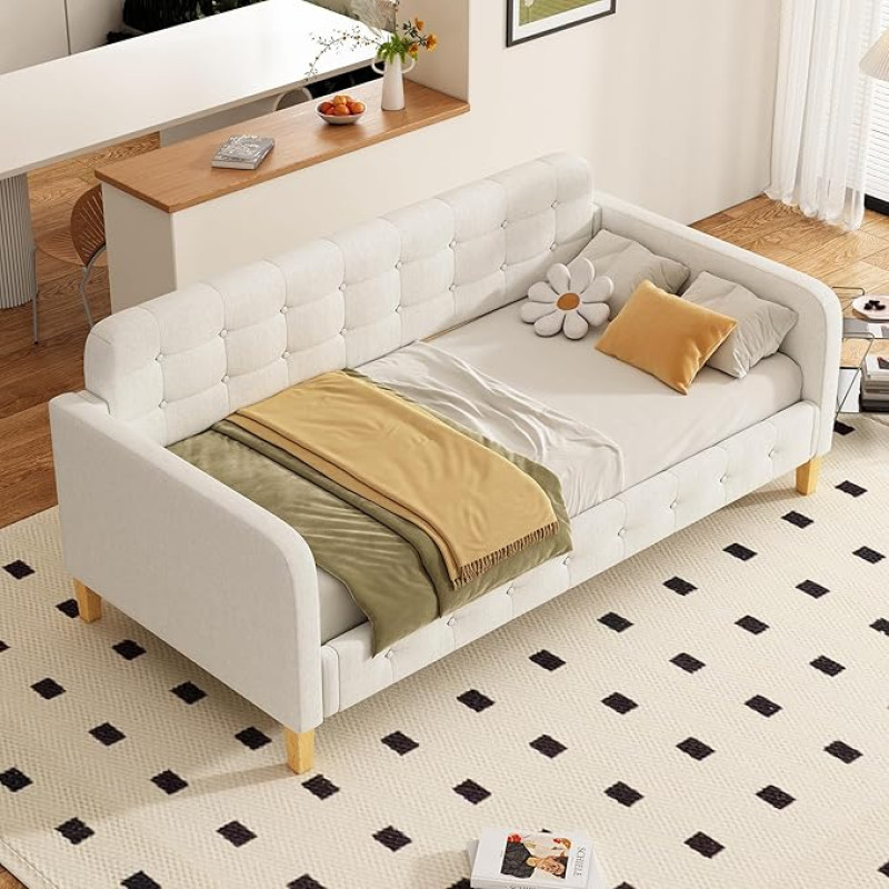 KAZZIO 90 x 200 cm Sofa Bed, Day Bed, Button Nail Decoration, Simple and Stylish (Beige)