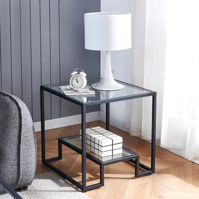 Black Metal Glass Coffee Table - Simple Side Table for Living Room Home Minimalist Metal Style Coffee Table with 2 Shelves 53.3 cm Small Dining Room Office