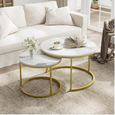 Smuxee White Nesting Coffee Table, Set of 2, 70.1 cm Round Coffee Table, Wood Marble Pattern with Adjustable Non-Slip Feet, Industrial Side Table for Living Room, Bedroom, Balcony