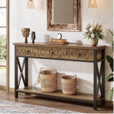 Tribesigns Narrow Console Table, 140 x 30 x 85 cm with 3 Drawers, Rustic Console Table with Shelf, Sofa Side Table for Living Room, Hallway, Entrance, Brown & Black
