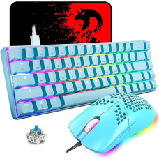 60% Mechanical Gaming Keyboard, Blue Switch, Mini 68 Keys Wired Type C, 18 Backlight Effects + 6400dpi Lightweight Optical RGB Mouse Honeycomb Mouse + Large Mouse Pad - Blue