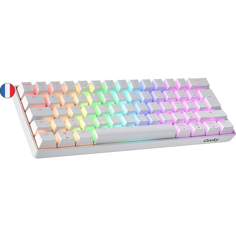 Geeky GK61 60% | Hot Swappable Mechanical Gaming Keyboard | 62 Keys Multi Colour RGB LED Backlight for PC/Mac Gamer| ISO FR AZERTY French Layout (White, Mechanical Black)