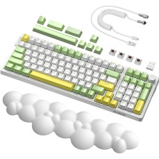 AJAZZ AK992 Gasket Mechanical Hotswap Gaming Keyboard & Cloud Wrist Rest & USB-C Coiled Cable, LIGHTSYNC RGB 4000mAh 2.4GHz/BT5.0/USB-C, Volume Control, PBT Keycap (Brown Switch)- Green