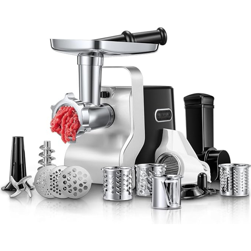 Elektriline hakklihamasin, 5 in 1 (700 W, 2800 W maksimaalne blokeerimisvõimsus), elektriline lihaveski 3 roostevabast terasest augukettaga (3, 5, 7 mm) ja 4 koonuseteraga, vorstikomplekt, kuubikukomplekt, musta värvi.