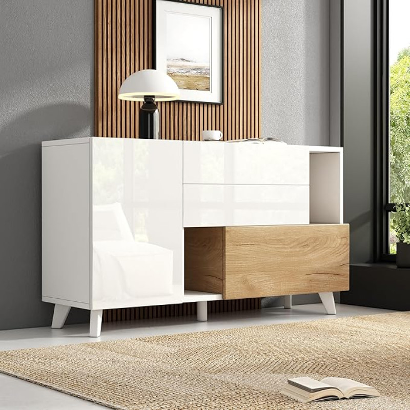 BTM High-Gloss White Original Wood-Coloured Sideboard with Storage Space, ESS Sideboard, Modern Living Room Cabinet