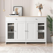 BTM White Wood Grain Sideboard Four Doors Two Drawers Glass Door Living Room Dining Room