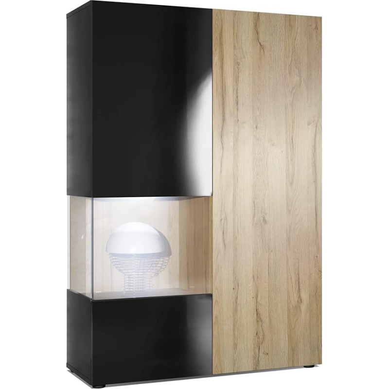 Vladon Morena Chest of Drawers Tall Cabinet Made in Germany, Body in Matte Black / Right Door and Use in Natural Oak Includes LED Lighting
