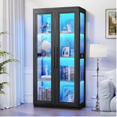 BROTTAR Filing Cabinet with LED Lighting, Bookcase with 4 Levels, Display Case with Doors, Office Cabinet with Human Body Sensor for Office, Living Room, Bedroom, Black