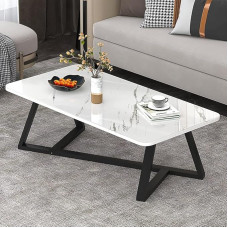 Glass Coffee Table, Modern Rectangular Coffee Table & Side Table Made of Faux Marble with Black Metal Base Frame, Modern Living Room Table Sets for Home, Small (Size: 120 x 60 x 45 cm, Colour: White)
