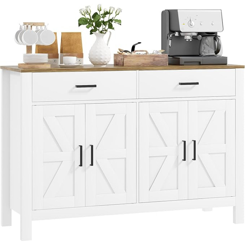HOMCOM Kitchen Sideboard with 2 Drawers and 2 Cabinets, Rustic Style Buffet Cabinet with Adjustable Shelves for Living and Dining Room, White