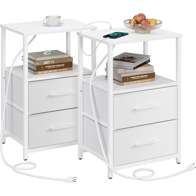 TUTOTAK Bedside Table with Charging Station, Side Table with 2 USB Ports and Sockets, Bedside Table with Fabric Drawer, Set of 2, Side Table, White TB01BW052UK