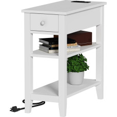 ChooChoo Slim Side Table with Charging Station, Side Table Living Room with USB Ports & Sockets and Hidden Drawer, 3-Tier Skinny Bedside Table with 2 Open Storage Shelves