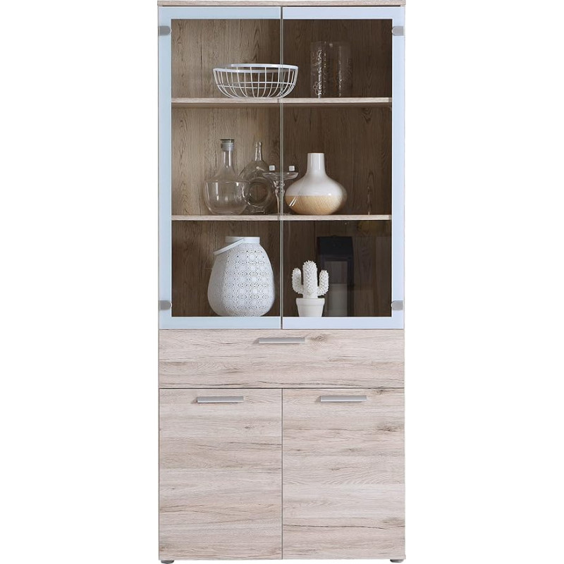 Newroom Demmy.Three Modern Display Cabinet Sand Oak 80 x 184 x 41.5 cm (W x H x D) Glass Cabinet Standing Display Cabinet Living Room Office
