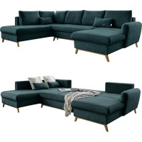MIUFORM Scandic Lagom with Bed Box, 8 Seater Sofa, U-Shape Left, 312 x 202 x 90 cm Couch, Folding Sofa with Sleep Function (Turquoise)