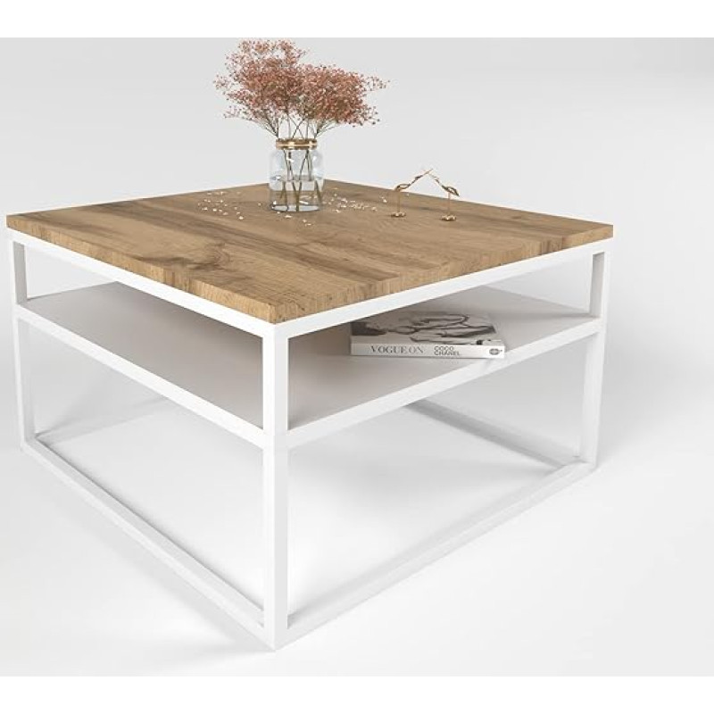 lukmebel Nova Coffee Table with Shelf Modern for Loft Rooms Powder-Coated Stainless Steel 16 mm Table Top 68.5 x 68.5 x 48 cm Ergonomic Comfortable White/Wotan Oak