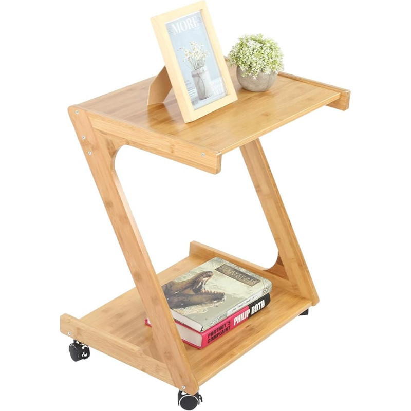 Cocoarm Z-shaped side table for bed 51.5 x 39 x 59 cm with wheels, Z shape wood, small sofa table, coffee table, laptop table, work in bed or on the sofa, up to 50 kg load capacity