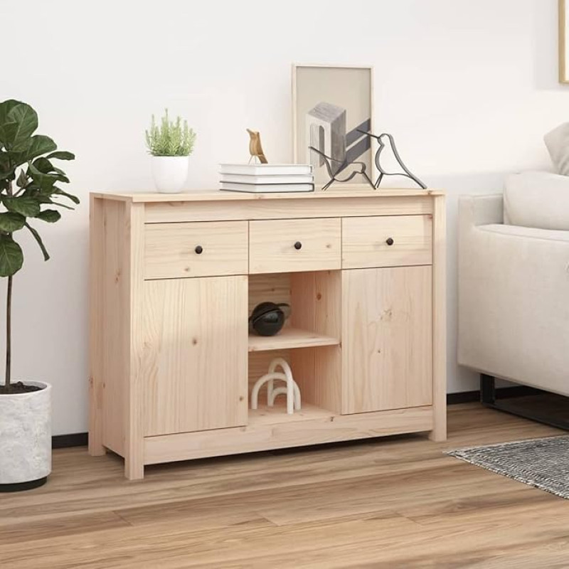 Homgoday Sideboard 100 x 35 x 74,5 cm aus massivem Kiefernholz, Aufbewahrungsschrank, Sideboard, Küchenschrank, platzsparend, für Wohnzimmer, Schlafzimmer, Büro