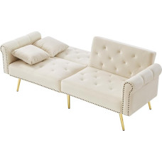 Modern 2 Seater Sofa Bed with Velvet Cover and Three Adjustable Backrest Levels - Space Saving Sofa with Metal Legs in Gold Tone, Ideal as a Guest Bed or Recliner for Small Living Rooms (Beige)