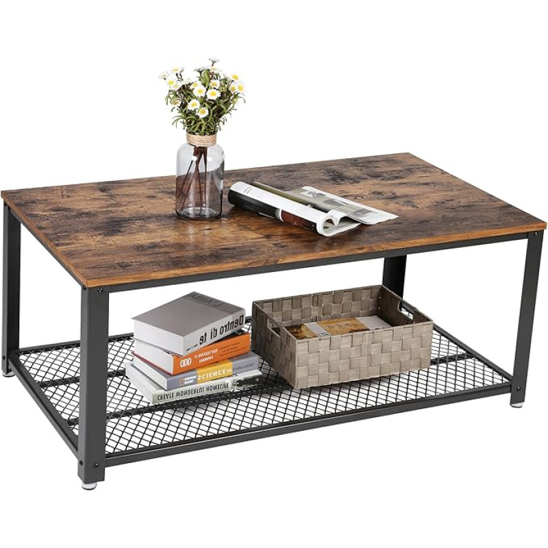 VASAGLE Coffee Table for Living Room, 2 Tier Cocktail Table, Center Table with Mesh Shelf, Steel Frame, Adjustable Feet, Industrial Style, Rustic Brown and Black ULCT61X