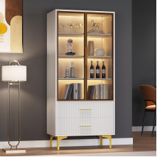 Oxtao White Sideboard Standing Cabinet with LED Lighting, Display Cabinet with Glass Door and 2 Storage Drawers, Glass Cabinet for Living Room, Bedroom (White, 70 x 35 x 150 cm)