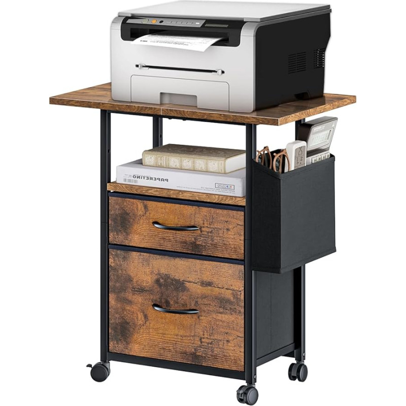 Wooruy Printer Stand with 2 Fabric Drawers, Mobile Filing Cabinet, Side Table on Wheels, Narrow Bedside Table with Side Pocket, Bedside Table, Coffee Tables for Living Room, Bedroom, 60 x 38 x 70 cm