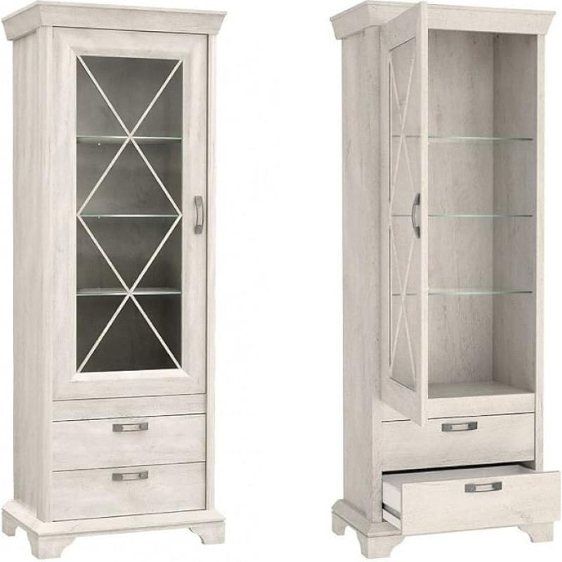Furniture24 Kashmir KSMV73 Standing Display Cabinet with 1 Door and 2 Drawers (Pine White, Without Lighting)