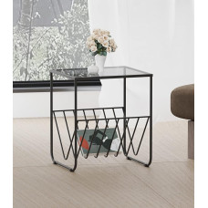 Hallowood Furniture Bourton Metal Side Table, Black with Tinted Glass Top, Sofa Side Table with Magazine Rack, Coffee Table with Powder Coated Metal Frame for Living Room and