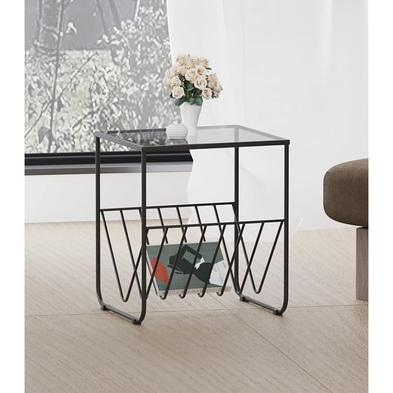 Hallowood Furniture Bourton Metal Side Table, Black with Tinted Glass Top, Sofa Side Table with Magazine Rack, Coffee Table with Powder Coated Metal Frame for Living Room and